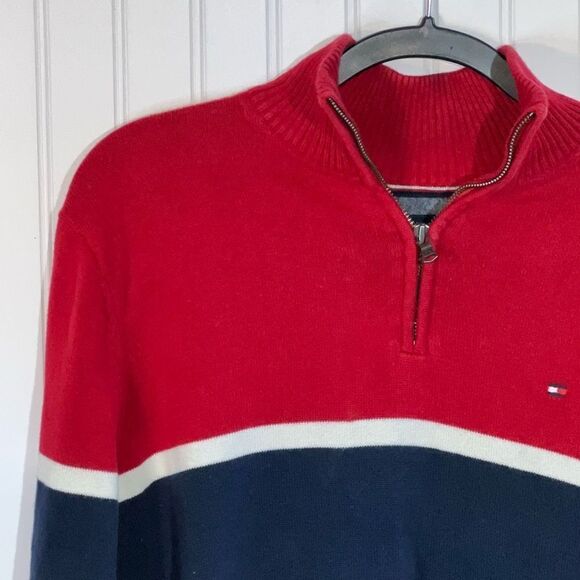 Vintage Tommy Hilfiger Sweater Mens Medium Red And Blue Striped 1/4 Zip Pullover - Picture 2 of 12